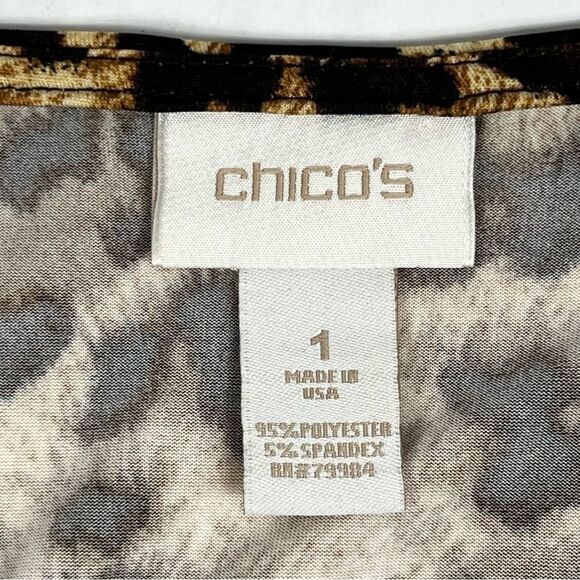 Chico’s Tan Brown Cheetah Animal Print Slit Ruched Tie 3/4 Sleeve Top Medium - Picture 8 of 11